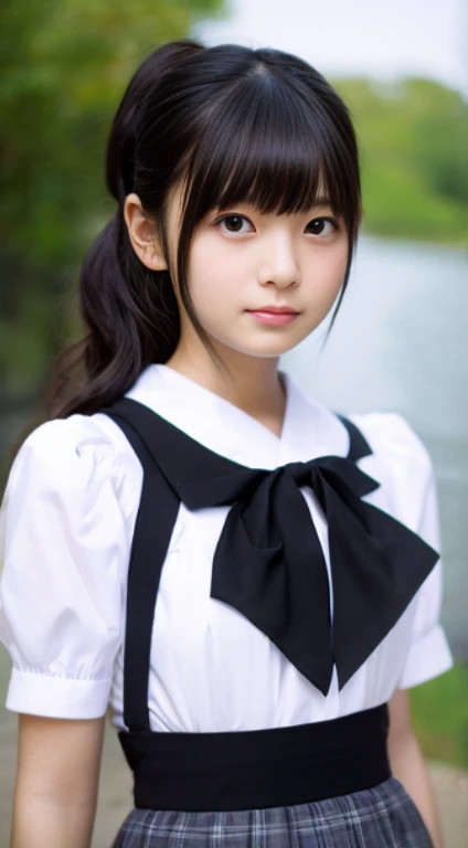 japanese girl at 18 years old、wearing a black and white maid outfit、、big skirt、upper part of the body、ruffled headband、high-deta...