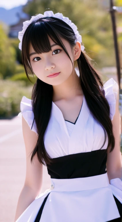 japanese girl at 18 years old、wearing a black and white maid outfit、、big skirt、upper part of the body、ruffled headband、high-deta...