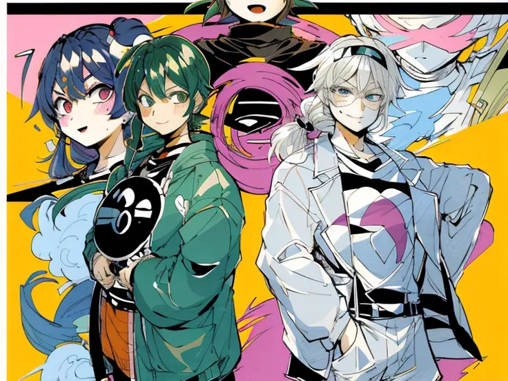 supreme， green down jacket，lime color hair，pink eyes，Standing on your feet，submachine gun，Chinese girl design，Detailed Genshin graphics，anime character design，anime concept art，pretty anime character design，anime character reference sheet，[Character design...