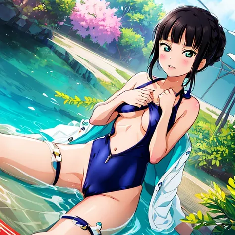 {Best Quality}, {very aesthetic}, {Ultra-detailed}, {Best Illustration}, nsfw, Navy blue swimsuit, Japan Student Swimsuit, One Piece Swimsuit, tits out, {nude}, Lots of love juice, Pussy, A dark-haired