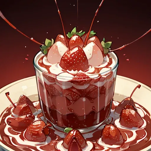 A pastry chef covered in boiling strawberry insect parfait ramen serving a large strawberry、Amazing dynamism、Amazing Angle、Unstable buoyancy sandstorm、(((Many friendly strawberry insects float closely together and chase each other.)))、surround each other&#...