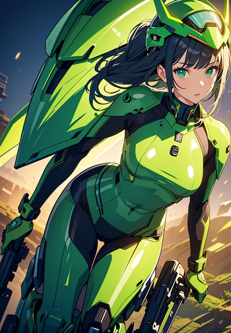 Highest image quality, outstanding details, ultra-high resolution, (realism: 1.4), the best illustration, favor details, highly condensed 1girl, with a delicate and beautiful face, dressed in a black and green mecha, wearing a mecha helmet, holding a direc...