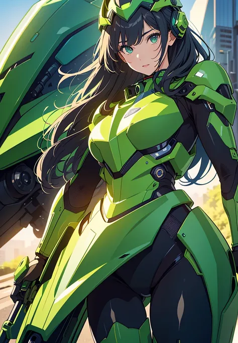 Highest image quality, outstanding details, ultra-high resolution, (realism: 1.4), the best illustration, favor details, highly condensed 1girl, with a delicate and beautiful face, dressed in a black and green mecha, wearing a mecha helmet, holding a direc...