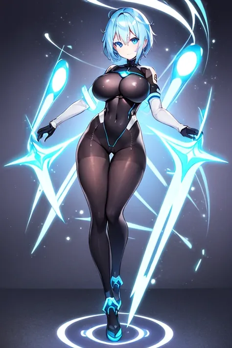 1girl, white skin, light skin, smile, light smile, blue hair, short hair, blue eyes, large breasts, breasts, wide hips, black bodysuit, black clothes, black pantyhose, bodysuit, sleeves, short sleeves, pantyhose, futuristic, science-fiction, neon trim, neo...