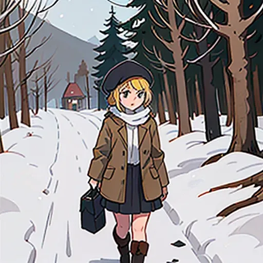 Young short finnish girl, blonde short hair, brown eyes, brown cross bag, long grey winter coat, long skirt, black winter boots, red british style beret hat, traveling alone walking, large winter forrest