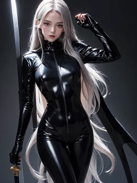 high res,masterpiece,best quality,extremely detailed , ultra-detailed, long silky smooth hair , woman in a black suit , black latex suit, wearing a black catsuit, skintight black bodysuit, black latex sculpt, tight full body suit, full bodysuit, holding a ...