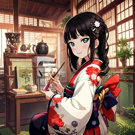 {Best Quality}, {very aesthetic}, {Ultra-detailed}, {Best Illustration}, japanese kimono, A dark-haired