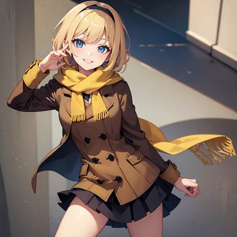 Masterpiece, solo, 1girl, smiling, scarf, coat, short skirt, short blonde hair, scrunchie on wrist