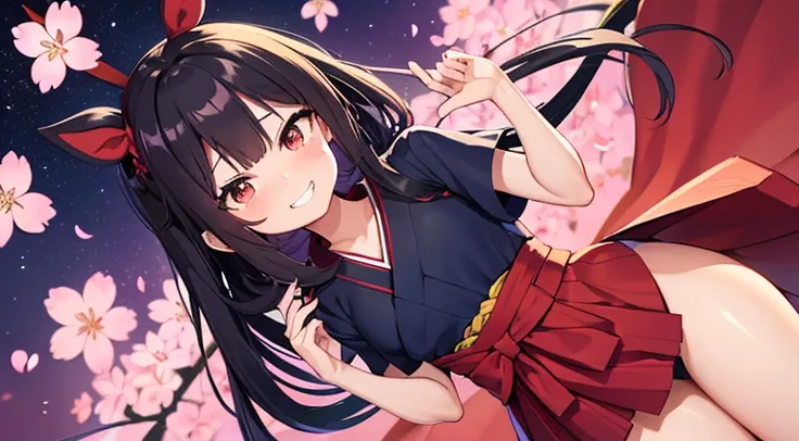 long ponytail,navy blue hair,hakama,pink dress,edge,red ribbon,evil smail.evil grin,cherry blossom pattern,brown eyes,night,tall,blue obi