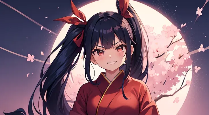 long ponytail,navy blue hair,hakama,pink dress,edge,red ribbon,evil smail.evil grin,cherry blossom pattern,brown eyes,night,tall,blue obi