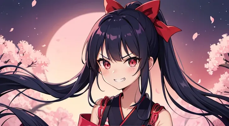 long ponytail,navy blue hair,hakama,pink dress,edge,red ribbon,evil smail.evil grin,cherry blossom pattern,brown eyes,night,tall,blue obi