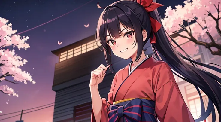 long ponytail,navy blue hair,hakama,pink dress,edge,red ribbon,evil smail.evil grin,cherry blossom pattern,brown eyes,night,tall,blue obi