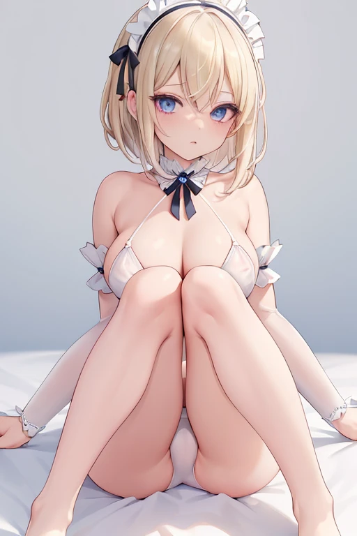 perfect anatomia、half-naked gothic maid outfit、(​masterpiece、top-quality;1.3)、ighly detailed、High resolution light blue eyes、Idle face、Clear expression、Maid Katyusha、Blonde short hair、高解像度な童顔Idle face、soft upward facing chest、Classy and luxurious interior、...