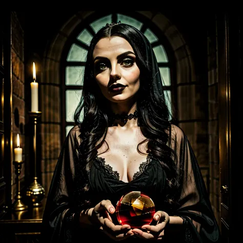 beautiful witchy woman, big eyes, big lips, gothic, magician, looking at a crystal ball telling the future, lovecraftian atmosphere, ancient books, gothic decor, masterpiece