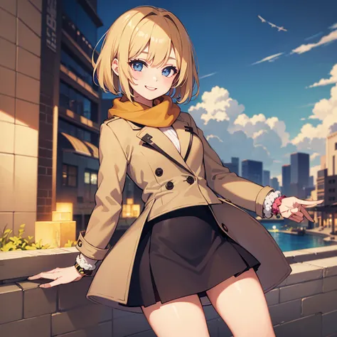 Masterpiece, solo, 1girl, smiling, scarf, coat, short skirt, short blonde hair, scrunchie on wrist