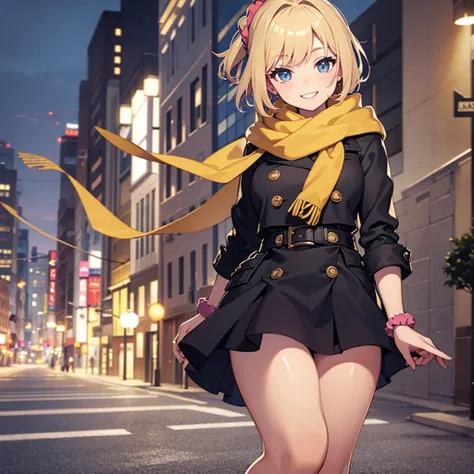 Masterpiece, solo, 1girl, smiling, scarf, coat, short skirt, short blonde hair, scrunchie on wrist