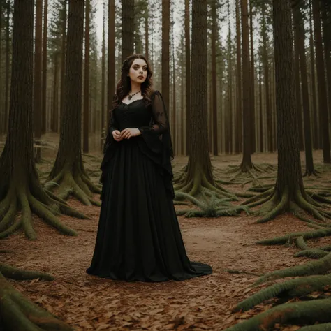 beautiful noble, royal, witchy woman, big eyes, big lips, gothic, magician, dark beautiful forest, large trees, casting a spell, drawing a circle in the ground, masterpiece