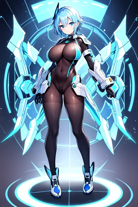 1girl, white skin, light skin, smile, light smile, blue hair, short hair, blue eyes, large breasts, breasts, wide hips, black bodysuit, black clothes, black pantyhose, bodysuit, sleeves, short sleeves, pantyhose, futuristic, science-fiction, neon trim, neo...