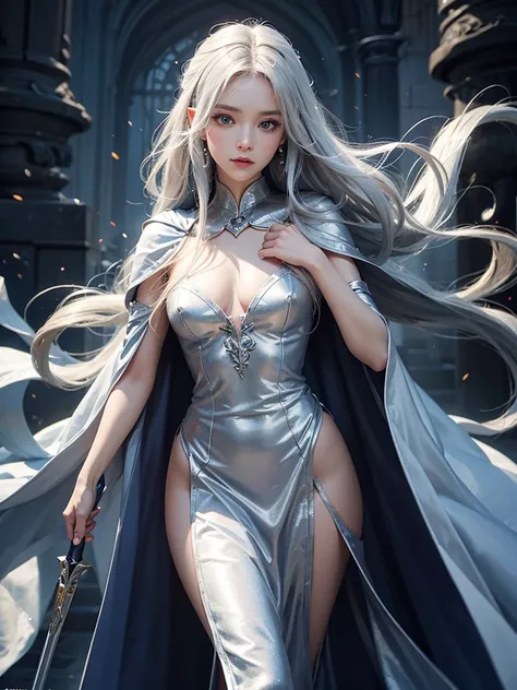 igh res,masterpiece,best quality,extremely detailed , ultra-detailed, long silky smooth hair , heroine , battle mage princess , silver cape , cinematic , aesthetic, small covered chest Realistic lighting, delicate face, Body perfect anatomy,Top Quality, 8K...