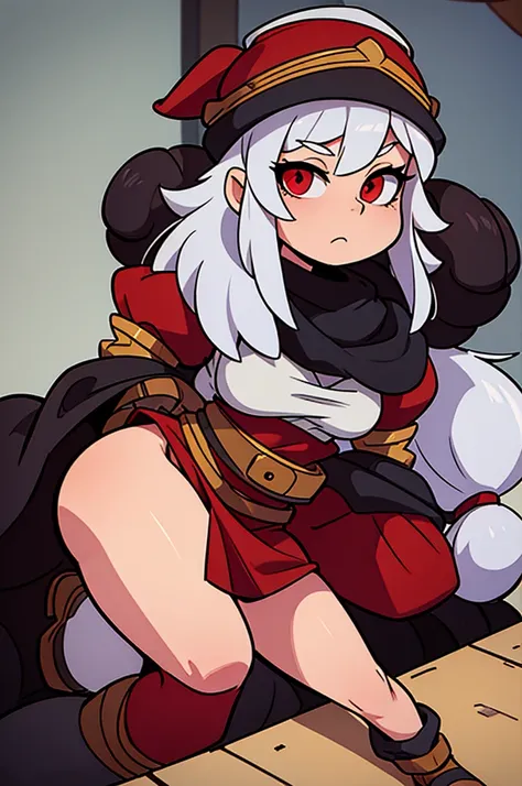 A Gray Dwarven Female Barbarian with White hair and Red eyes