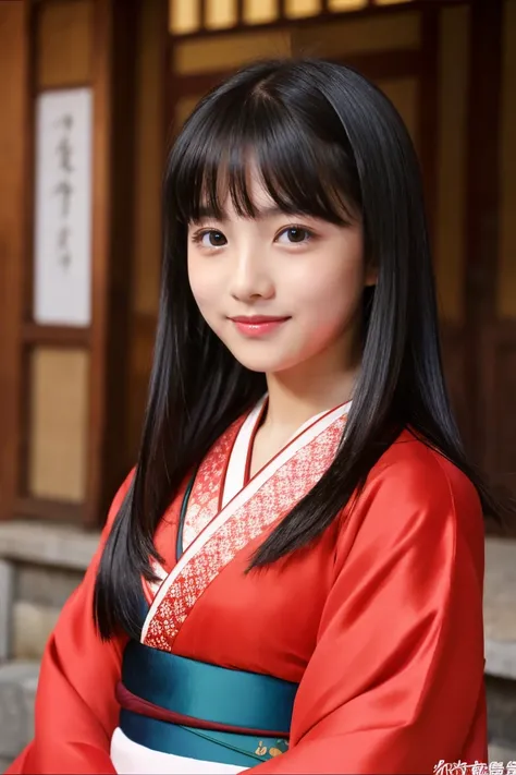 Beautiful girl wearing red kimono、New Year、14years、Black hair straight long hair、