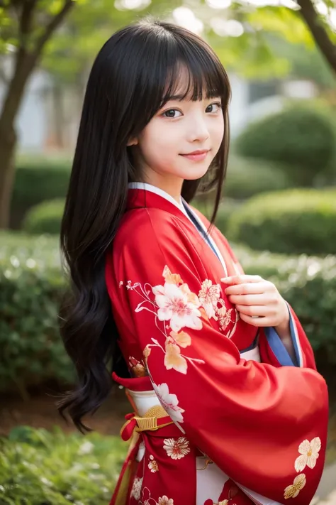 Beautiful girl wearing red kimono、New Year、14years、Black hair straight long hair、