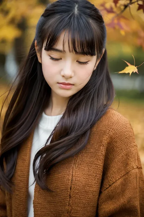 Beautiful girl wearing autumn clothes、12year old、bow ribbon、japanes、(heavy wind)、wistfulness、A dark-haired、Spinning、An expression that reminds you of something with your eyes closed、