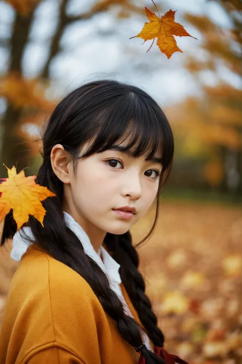 Beautiful girl wearing autumn clothes、14years、bow ribbon、japanes、(heavy wind)、wistfulness、A dark-haired、Spinning、An expression that reminds you of something with your eyes closed、