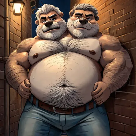 two heads one body, otter, grumpy, frowning, tired, annoyed, obese, fat, older male, old, dark alley background, streetlight, graffiti, anatomically correct eyes, shirtless, jeans, belt, sweaty, hairy, gross, hands on hips, disgusting art style, masculine ...