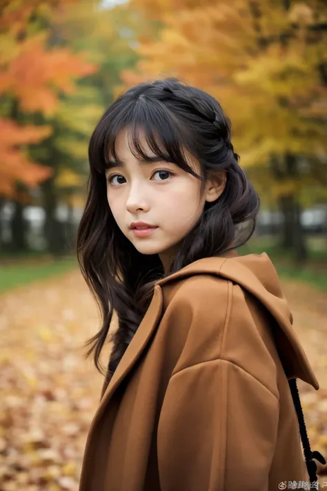 Beautiful girl wearing autumn clothes、12year old、bow ribbon、japanes、(heavy wind)、wistfulness、A dark-haired、Spinning、An expression that reminds you of something with your eyes closed、fainting、