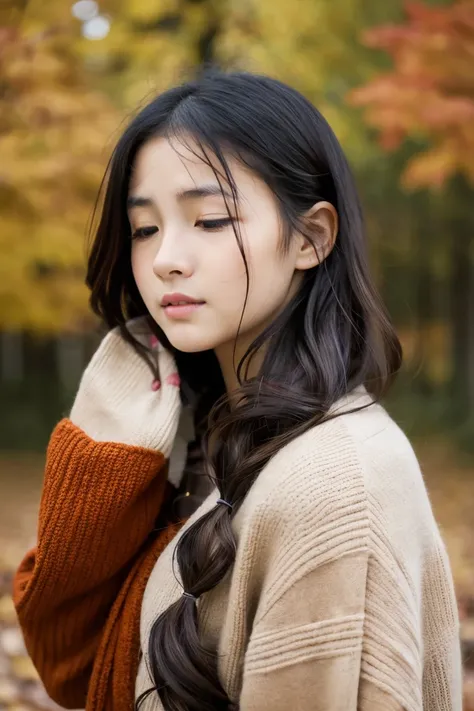 Beautiful girl wearing autumn clothes、12year old、bow ribbon、japanes、(heavy wind)、wistfulness、A dark-haired、Spinning、An expression that reminds you of something with your eyes closed、fainting、