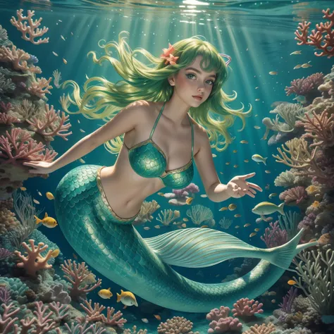 sweet young woman, under water, mermaid, green hair, big eyes, sensual, beautiful, floating in the sea, fish swimming, shimmering tail, underwater plants, coral, shafts of light, treasure chest on seafloor, colorful sea horses