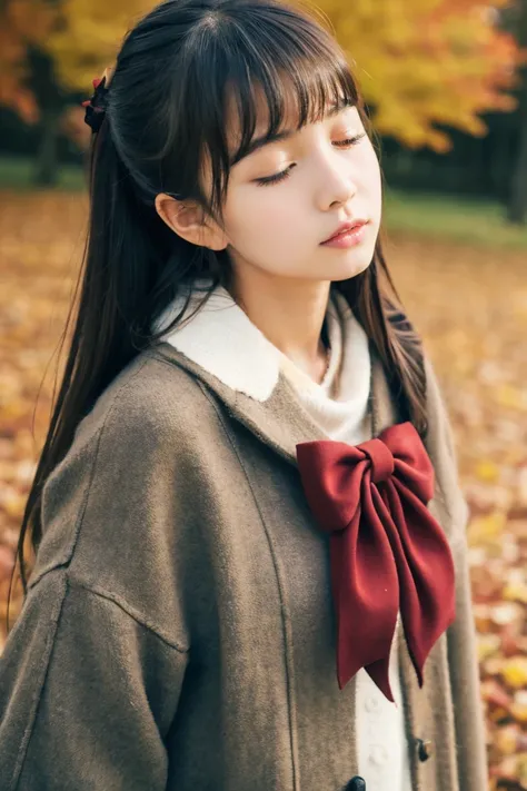 Beautiful girl wearing autumn clothes、12year old、bow ribbon、japanes、(heavy wind)、wistfulness、A dark-haired、Spinning、close your eyes and pass out、