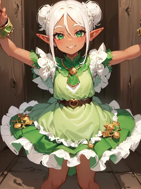 (((I want a little elf girl with dark skin, with white hair tied in a bun, green eyes, wearing an adorable dress and a sweet smile on her face)))