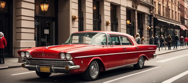 santa claus is standing next to a 1960s style red luxury sedan on a city street, a picture by Alexander Kucharsky, pexels contest winner, photorealism, santa claus, a hyper realistic, santa clause, nostalgic 8k, an ultra realistic, best on adobe stock, hol...