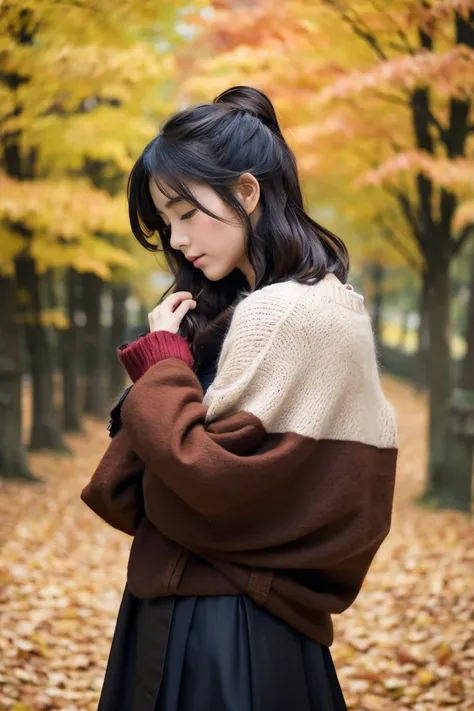 Beautiful girl wearing autumn clothes、14years、bow ribbon、japanes、(heavy wind)、wistfulness、A dark-haired、Spinning、close your eyes and pass out、