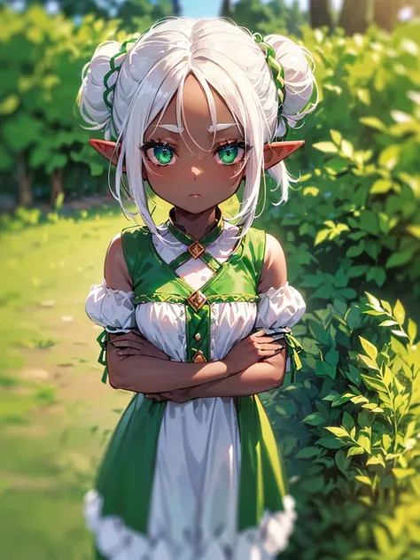 (((I want a little elf girl with dark skin, with white hair tied in a bun, green eyes, wearing an adorable dress, with a cold look while holding her dress tightly)))