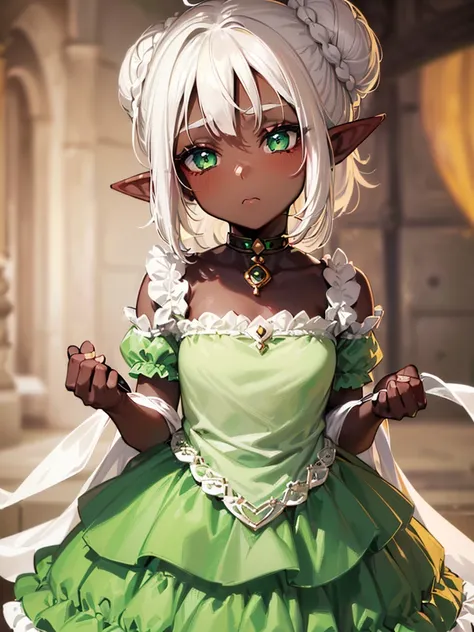 (((I want a little elf girl with dark skin, with white hair tied in a bun, green eyes, wearing an adorable dress, with a cold look while holding her dress tightly)))