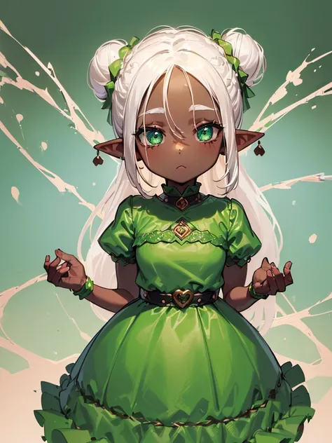 (((I want a little elf girl with dark skin, with white hair tied in a bun, green eyes, wearing an adorable dress, with a cold look while holding her dress tightly)))