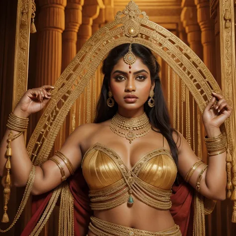 royal, statuesque, indian goddess, magnificent, serene, worship, big eyes, big lips, in ancient temple, elaborate sari, elaborate jewelry, earrings,