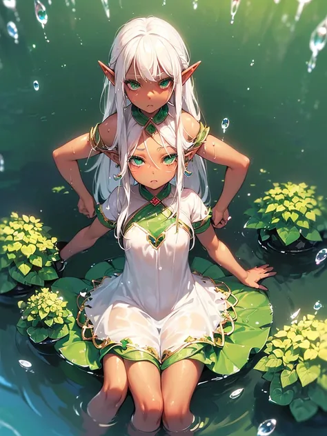 (((I want a little elf girl with brown skin, white hair and green eyes, her eyes shining while around her being surrounded by water droplets like magic)))