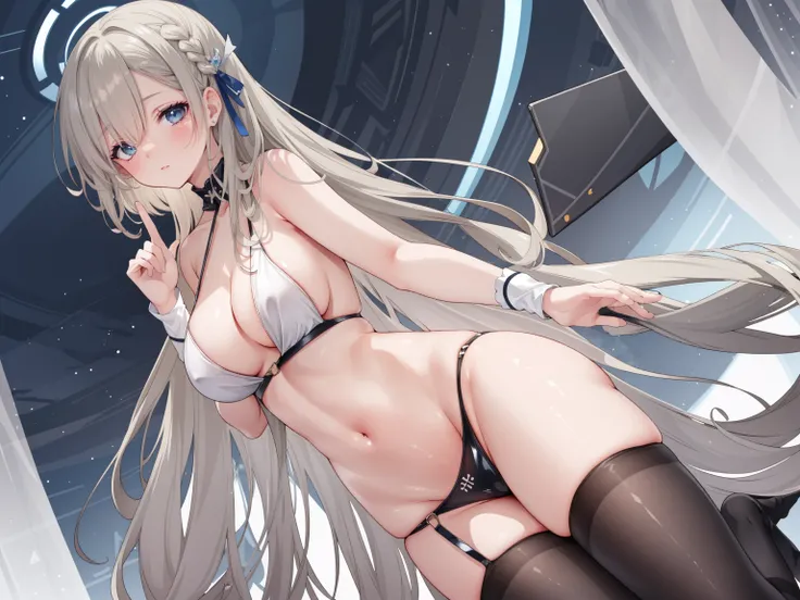 (A high resolution), (The best resources), (high high quality), (tmasterpiece), 1 plump girl, Asuna, eBlue eyes, Long gray hair, The halo, hair covering one eye, Very long hair, Light brown hair, (, Cracked Contrast Glue High Socks, Red latex stockings, pr...