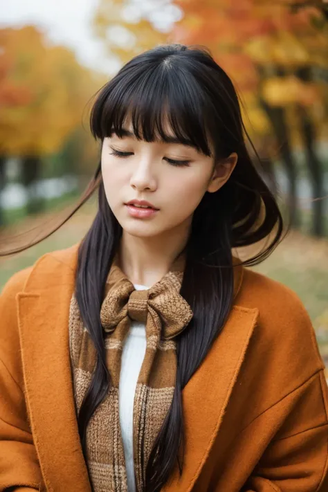 Beautiful girl wearing autumn clothes、14years、bow ribbon、japanes、(heavy wind)、wistfulness、Black hair straight long hair、With bangs、Spinning、An expression that reminds you of something with your eyes closed、faint and fall、