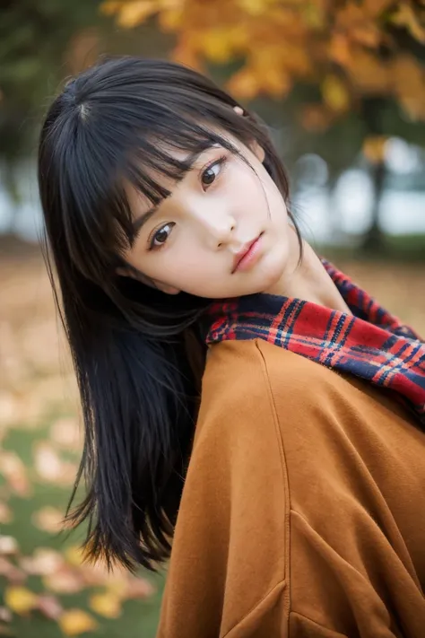 Beautiful girl wearing autumn clothes、14years、bow ribbon、japanes、(heavy wind)、wistfulness、Black hair straight long hair、With bangs、Spinning、An expression that reminds you of something with your eyes closed、faint and collapse、