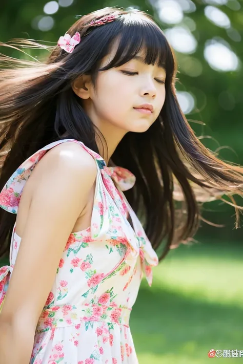 Beautiful girl wearing a summer dress、14years、bow ribbon、japanes、(heavy wind)、wistfulness、Black hair straight long hair、With bangs、Spinning、An expression that reminds you of something with your eyes closed、faint and fall、