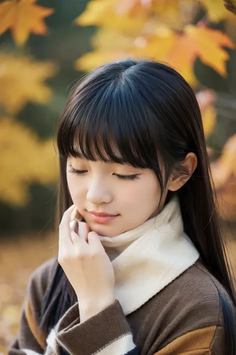 Beautiful girl wearing autumn clothes、14years、bow ribbon、japanes、(heavy wind)、wistfulness、Black hair straight long hair、With bangs、Spinning、An expression that reminds you of something with your eyes closed、faint and collapse、