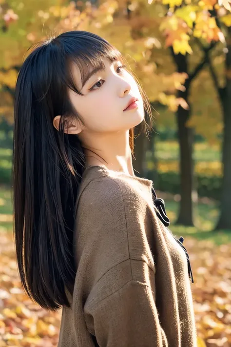 Beautiful girl wearing autumn clothes、14years、bow ribbon、japanes、(heavy wind)、wistfulness、Black hair straight long hair、With bangs、Spinning、An expression that reminds you of something with your eyes closed、lose consciousness and fall on one&#39;s back、