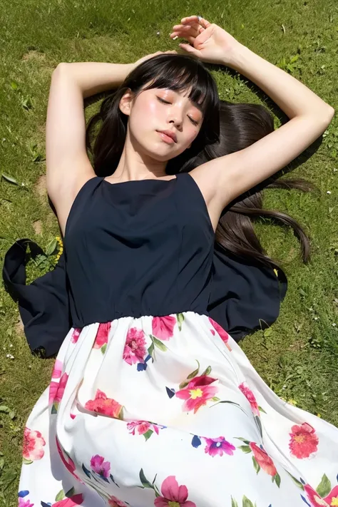 Beautiful girl wearing a summer dress、14years、japanes、(heavy wind)、wistfulness、Black hair straight long hair、With bangs、lose consciousness and lie on your back、A look of relief、