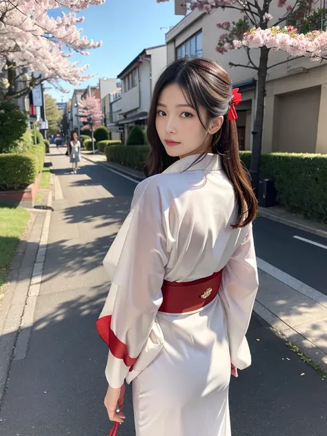 （8K， RAW highest quality， tmasterpiece：1.2），（realisticlying， photos realistic：1.4)，tmasterpiece，FULL BODYSHOT,体FULL BODYSHOT,The season is winter,Under a clear sky、A woman in her 20s wearing a beautiful kimono、Walking along the approach。
A woman has an、In ...