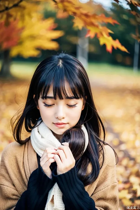 Beautiful girl wearing autumn clothes、14years、bow ribbon、japanes、(heavy wind)、wistfulness、Black hair straight long hair、With bangs、Spinning、Close your eyes and look relieved、a miniskirt、